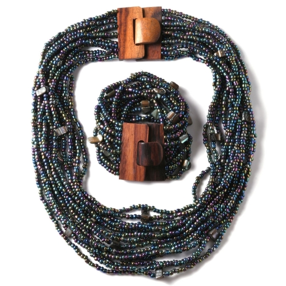Jewelry - PEACOCK SEED BEAD NECKLACE AND BRACELET SET WITH WOOD CLOSURES